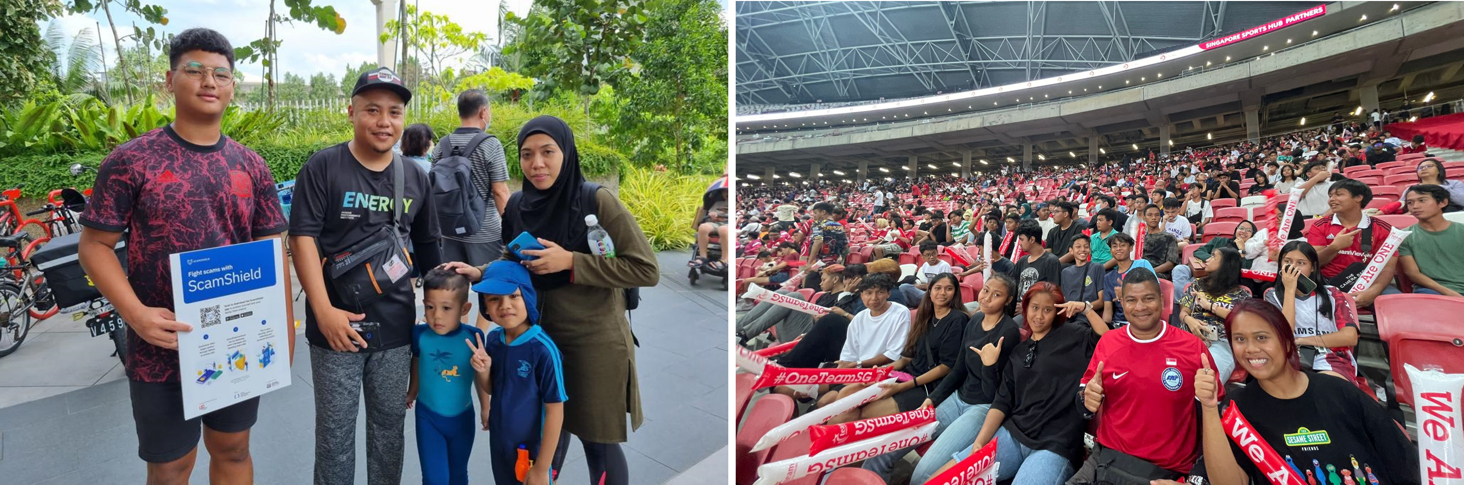 Left: group posing outdoors, one holds ScamShield poster; right: stadium crowd in red seats with scarves.